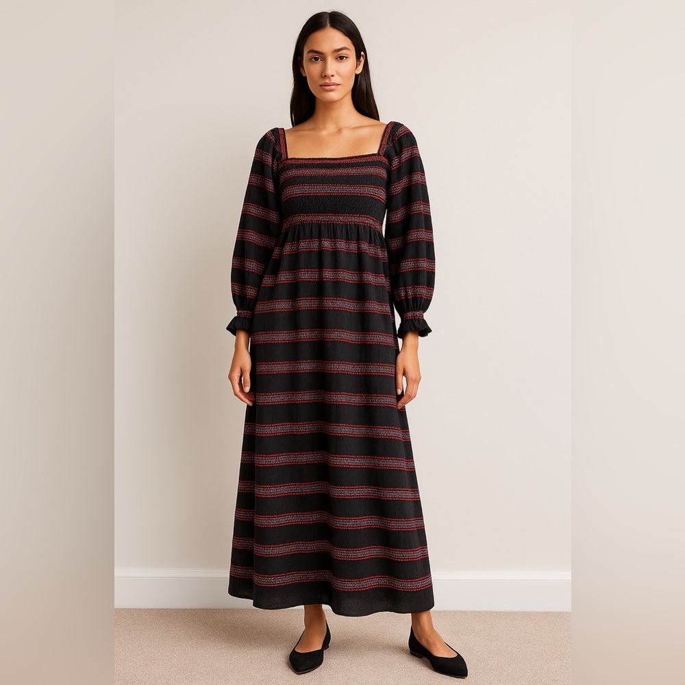 Hutch Women’s Reva Black Brightly Embroidered Puff Sleeve Smocked Maxi Dress, M - Picture 4 of 16
